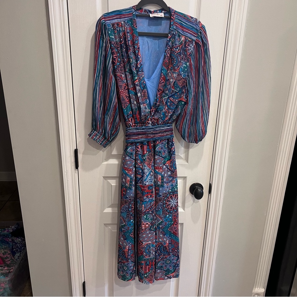 Vintage Faviola Patchwork Striped Colorful Belted Midi Dress 12 Retro Pattern